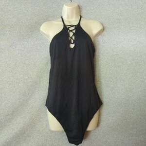 Leilani Black Halter One Piece Swimsuit Criss Cross Detail Size 16‎